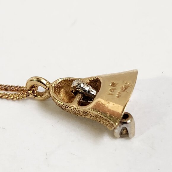 [SOLD] 1980's 14k Textured Gold Moveable Bell w/ Real Diamond Pendant Necklace - Picture 11 of 15